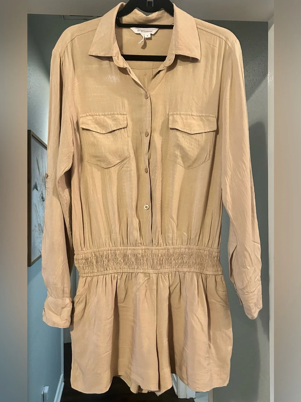 BCBGeneration Beige and Black Trim Long Sleeve Romper